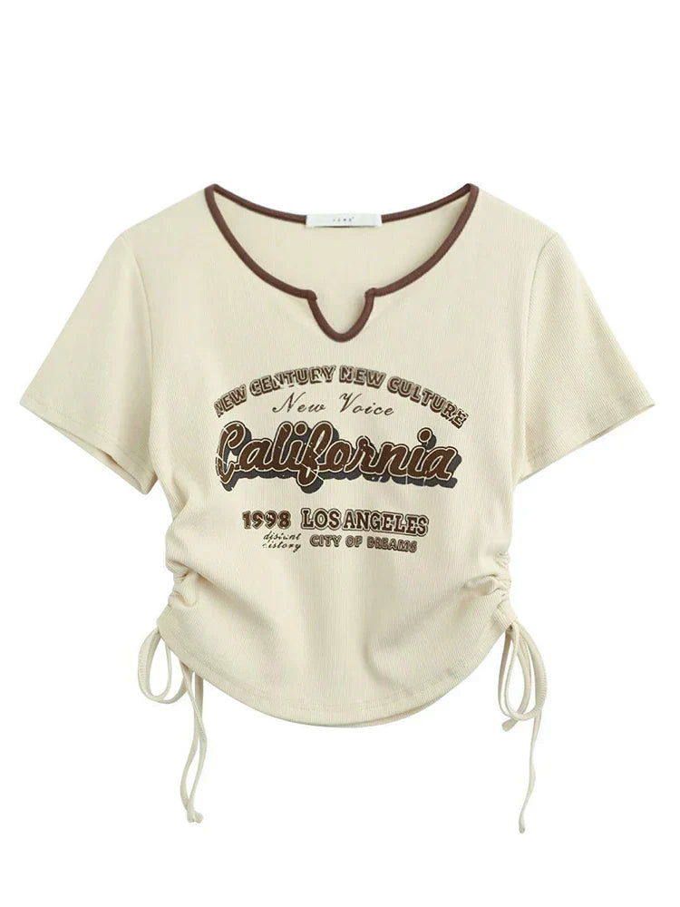 Retro Crop Top Korte Mouw Letter Dames