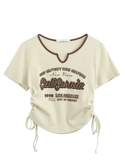 Retro Crop Top Korte Mouw Letter Dames