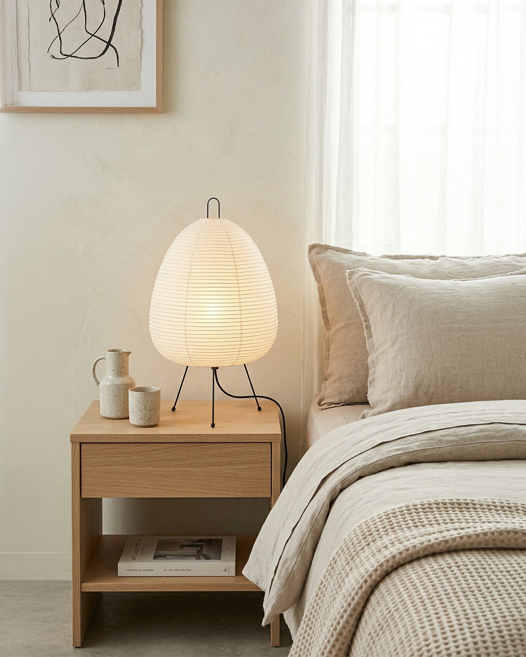 Japanse Tafellamp Sakura met Rijstpapier & Driepoot – Minimalistisch Design Warm Wit Licht – Ø28cm H48cm