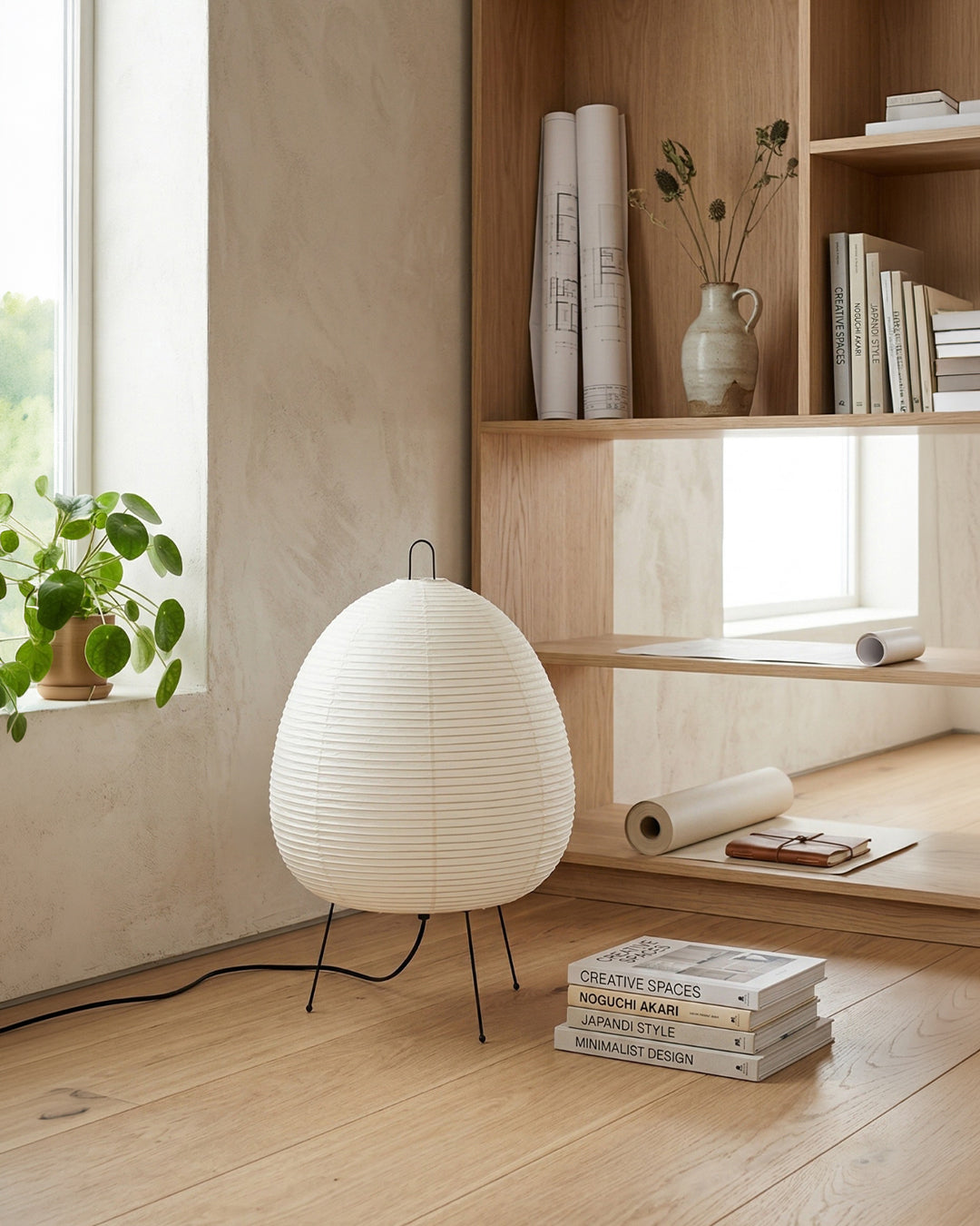 Japanse Tafellamp Sakura met Rijstpapier & Driepoot – Minimalistisch Design Warm Wit Licht – Ø28cm H48cm