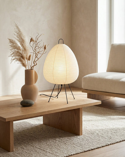 Japanse Tafellamp Sakura met Rijstpapier & Driepoot – Minimalistisch Design Warm Wit Licht – Ø28cm H48cm