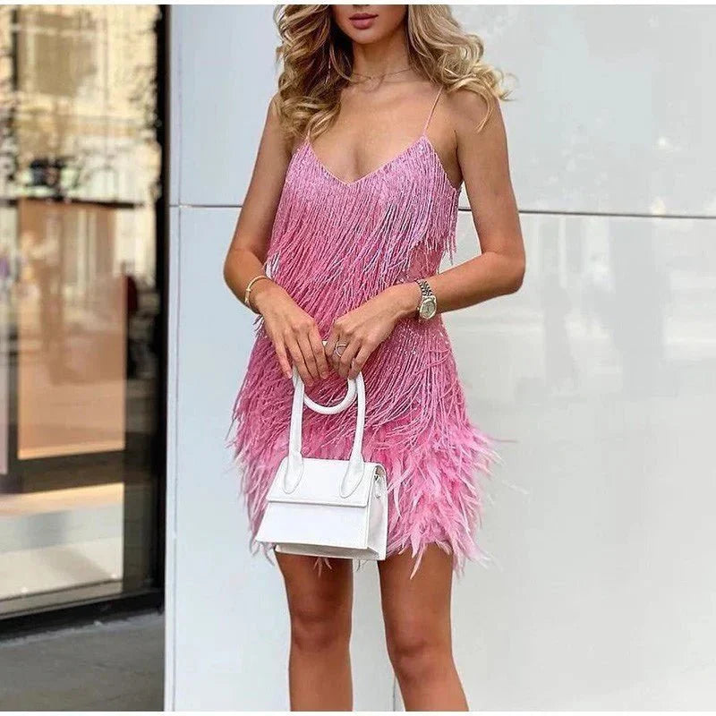 Feestjurk met Pailletten en Glitter Veren Details