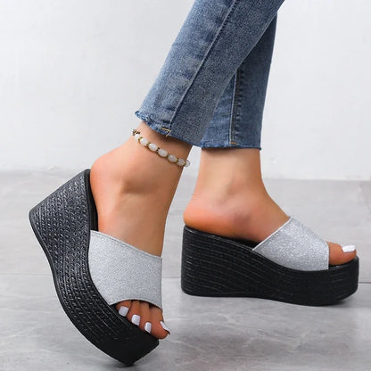Strand Wedges voor Vrouw met Hoge Hak en Glitter