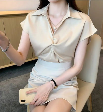 Vrouwelijke Zomerblouse Korte Mouwen Satijn Look