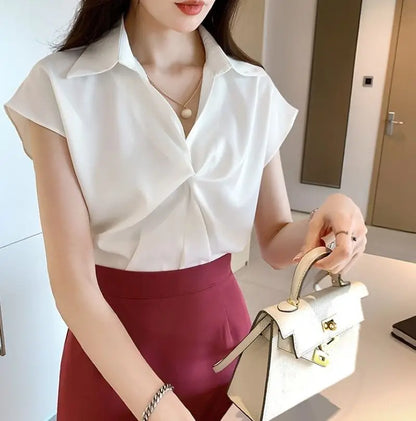 Vrouwelijke Zomerblouse Korte Mouwen Satijn Look
