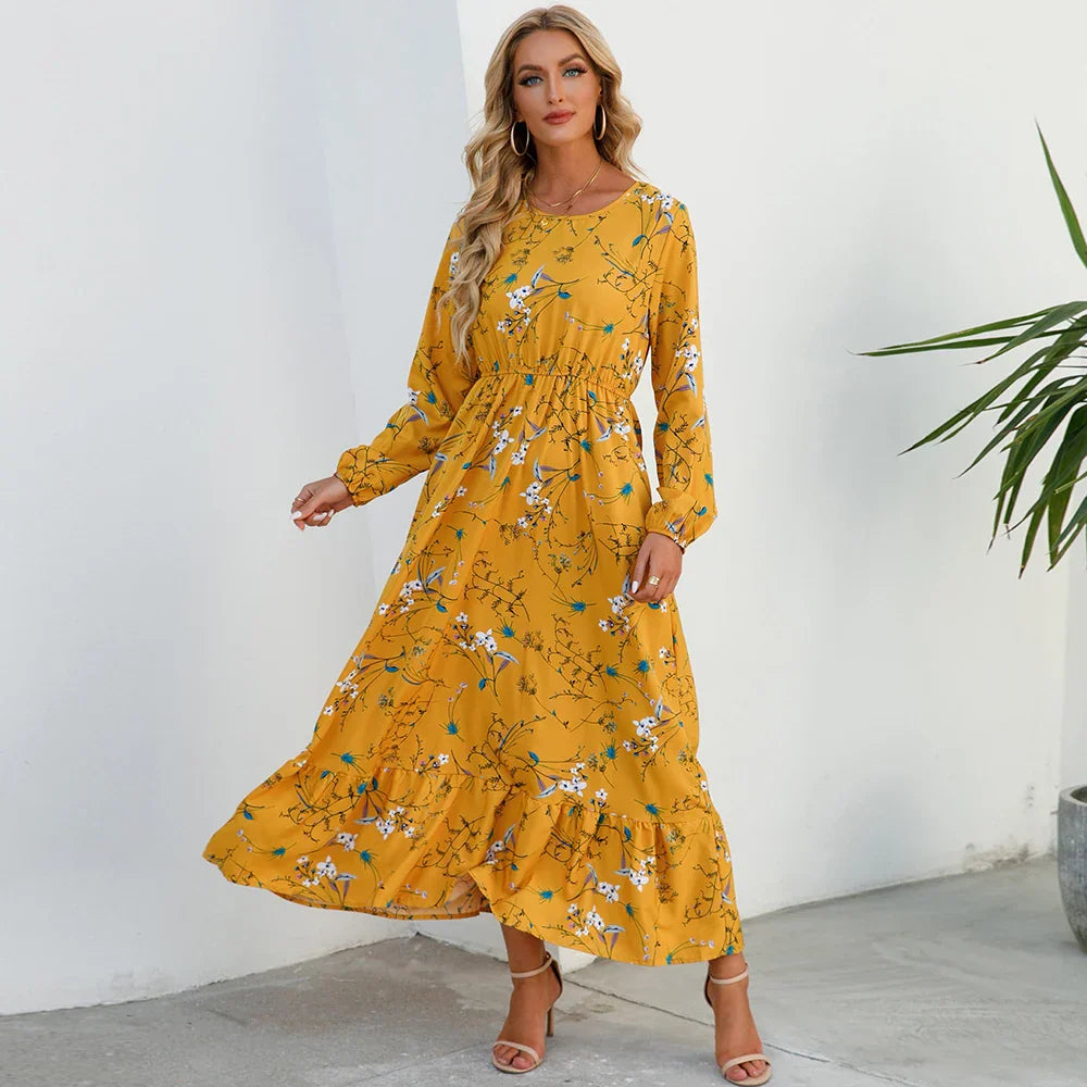 Vrouwelijke Maxi Jurk Bloem Chiffon Lange Mouwen
