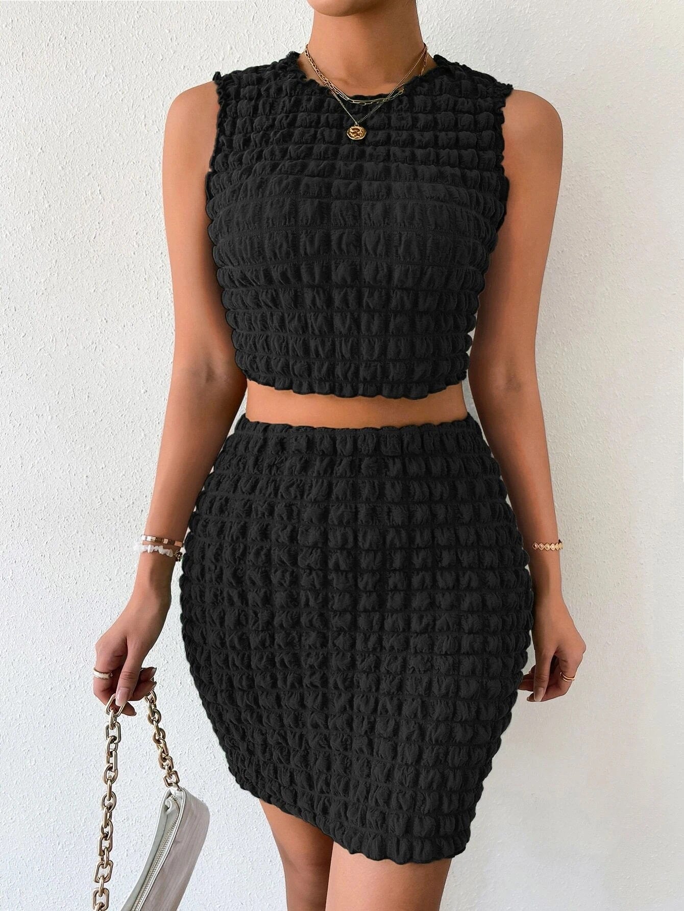 Crop Top en Rok Set met Bubbelpatroon