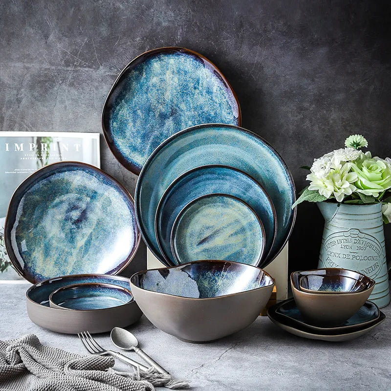 Serviesgoed Set 11-Delig Turquoise Geglazuurd Porselein Handgemaakt Rustiek Eetservies Borden Kommen Dinerborden Dessertborden