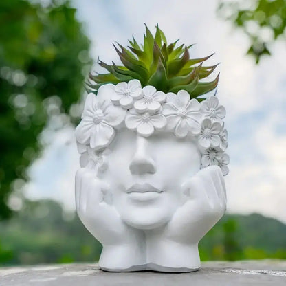Bloempot Vrouwengezicht Hars Wit 15cm Decoratief Sculptuur Woonkamer Tuin Binnen Buiten Plantenpot Gezicht