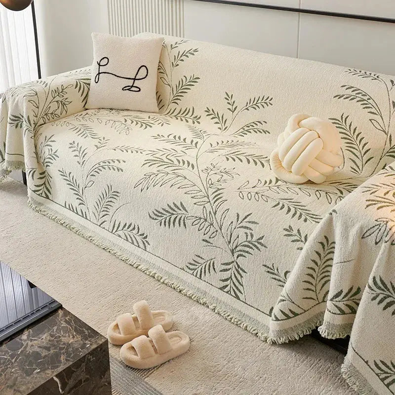 Chenille Jacquard Bankbeschermer met Bladpatroon – Antislip Bankhoes Bescherming