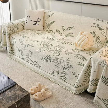 Chenille Jacquard Bankbeschermer met Bladpatroon – Antislip Bankhoes Bescherming