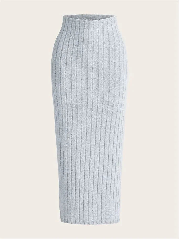 Hoge Taille Kokerrok Ribgebreid Midi Lengte