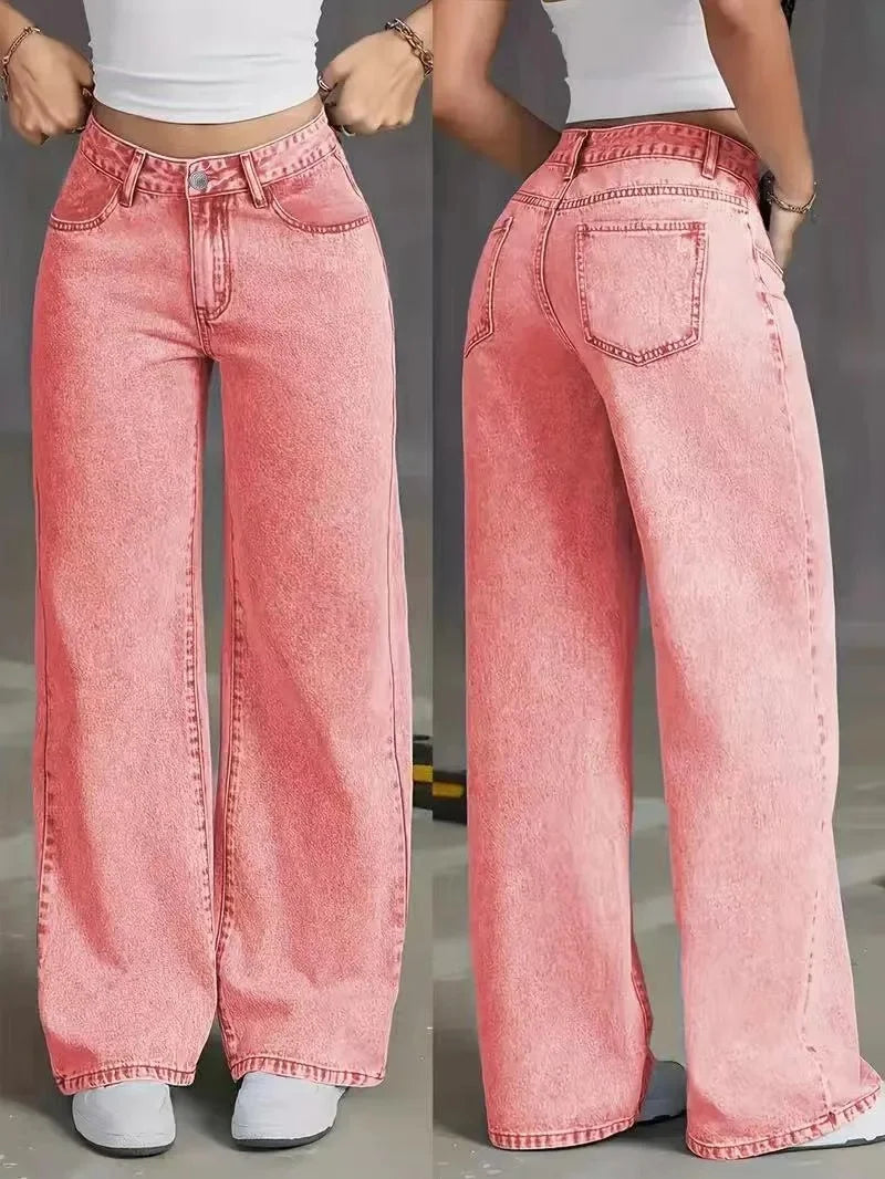 Dames High Waist Wide Leg Jeans Grote Pasvorm Gewassen Look - StudioMarella