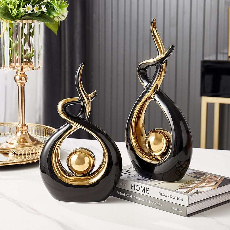 Decoratieve Sculptuur Keramiek Goud Groen Abstract 31cm Woonkamer Tafel Beeld Modern Kunstobject Interieur Decoratie