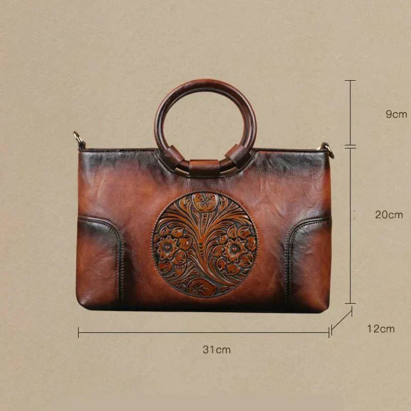 Handgemaakte Leren Damestas met Vintage Reliëfpatroon Schoudertas Elegante Dagtas Retro Design Stijlvol