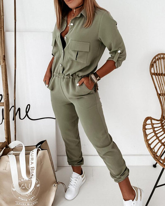 Lange Jumpsuit Met Elastische Taille en Mouwen - StudioMarella