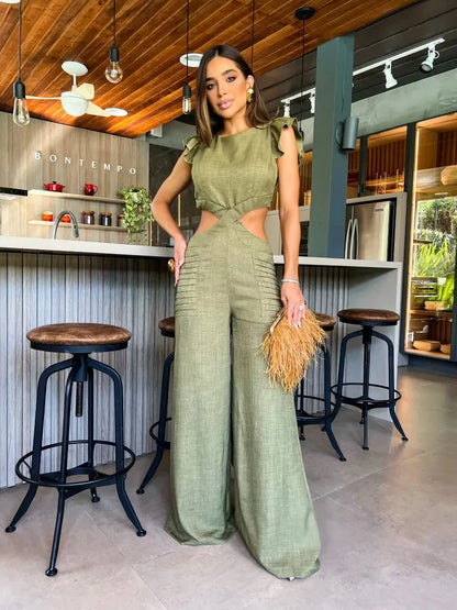 Vrouwelijke Jumpsuit Zonder Mouwen Wijde Pijpen Elegante