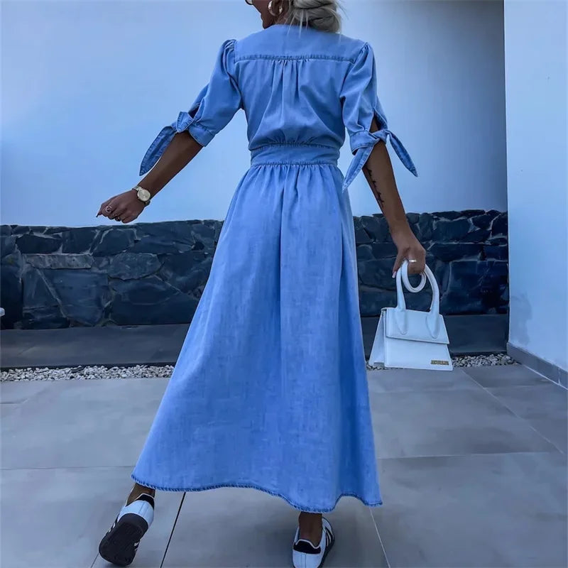 Blauwe Jurk met Knoopsluiting voor Vrouw Casual Denim Stijl