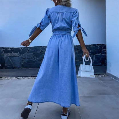 Blauwe Jurk met Knoopsluiting voor Vrouw Casual Denim Stijl