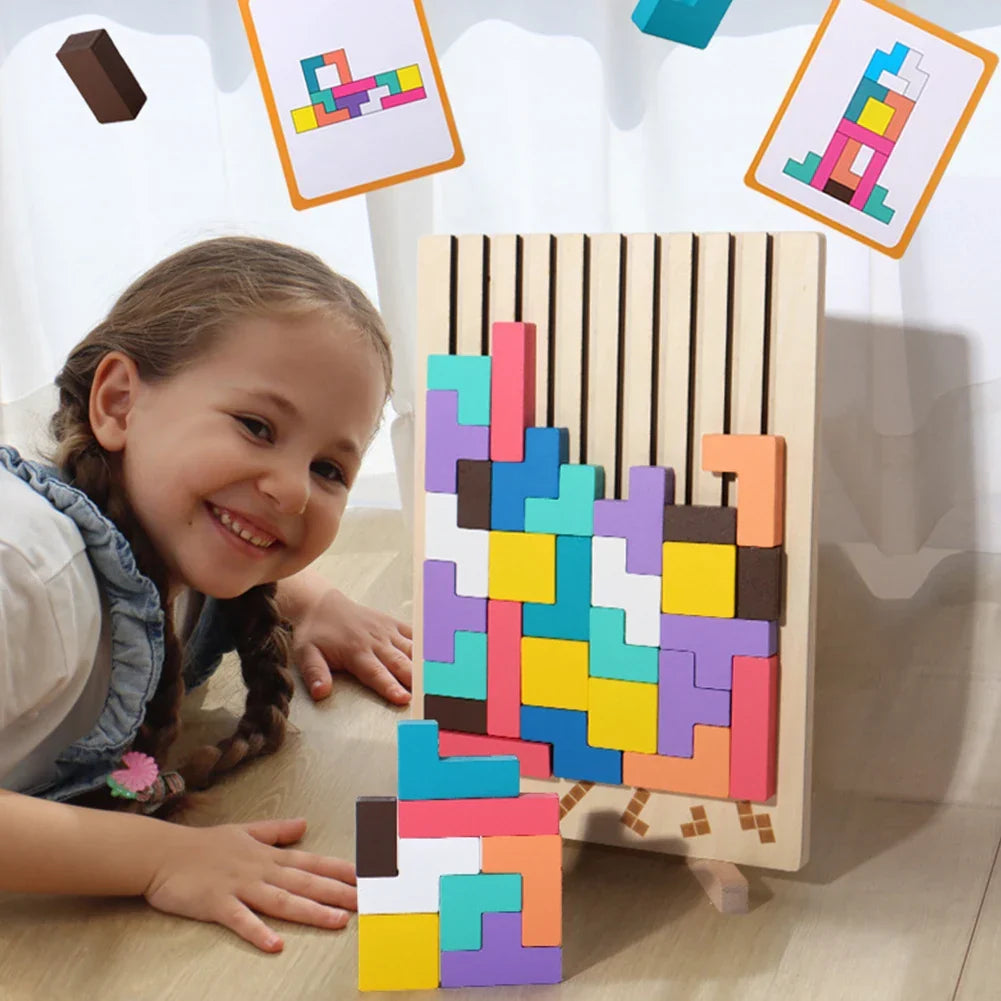 Houten 3D Puzzelspel voor Kinderen – Creatief Tetris Stapelspel met Geometrische Blokken – Ruimtelijk Inzicht & Handcoördinatie