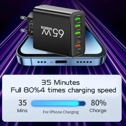 Universele USB Oplader 65W 6 Poorten Zwart Wit Geel Multidevice voor Kantoor Thuis Reis