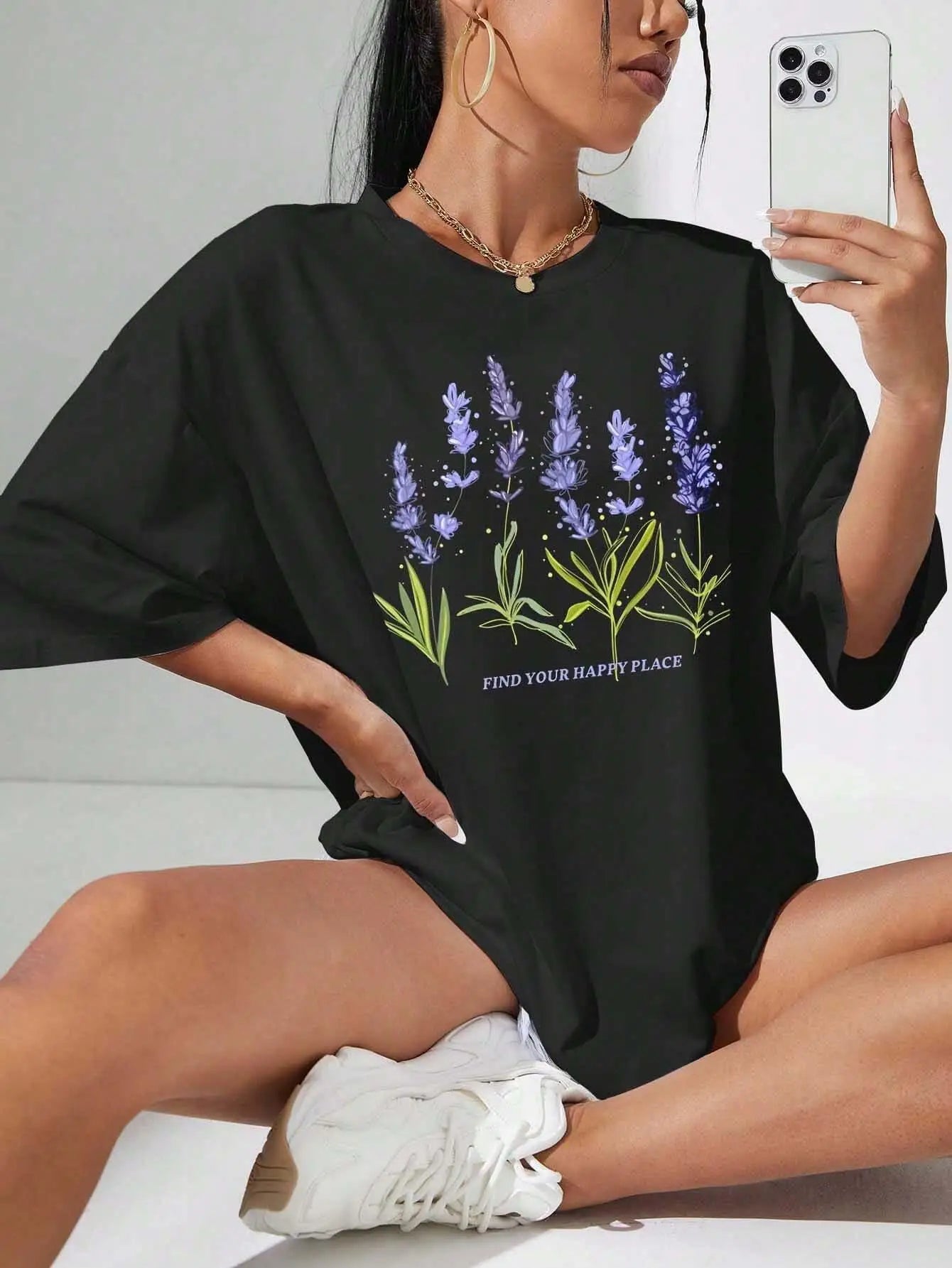 Vrouwelijke T-Shirt Lavendelprint Casual Katoen - StudioMarella