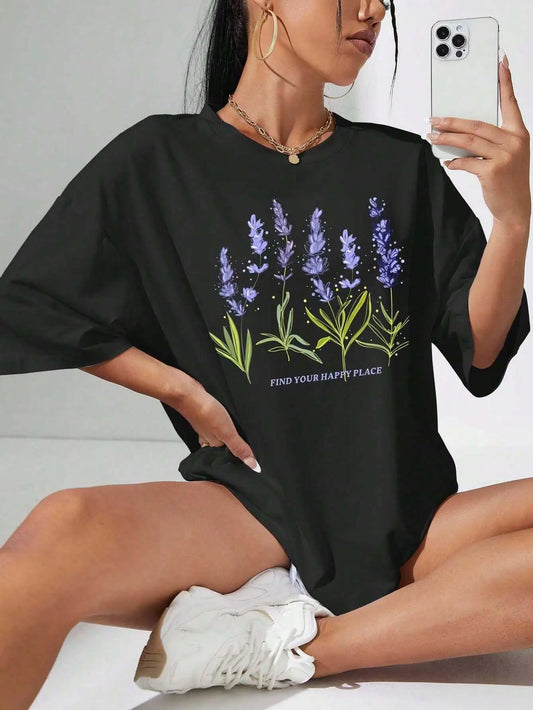 Vrouwelijke T-Shirt Lavendelprint Casual Katoen - StudioMarella