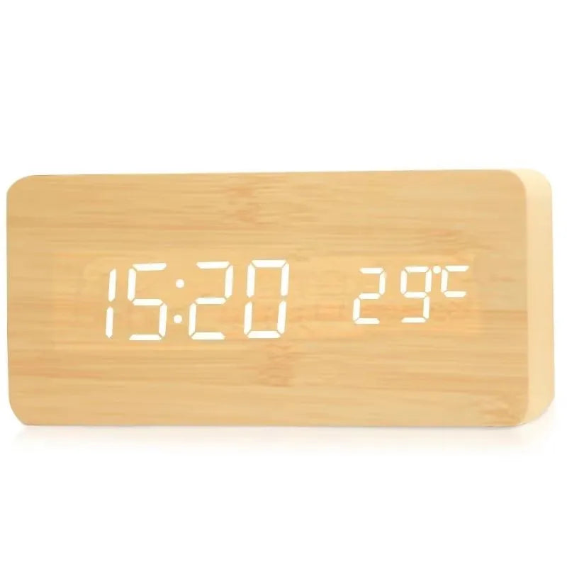 Digitale Wekker Houtlook LED Bamboe Zwart Bruin Temperatuur USB Slaapkamer Bureau 3 Alarmen Instelbare Helderheid 12/24u Tafelklok