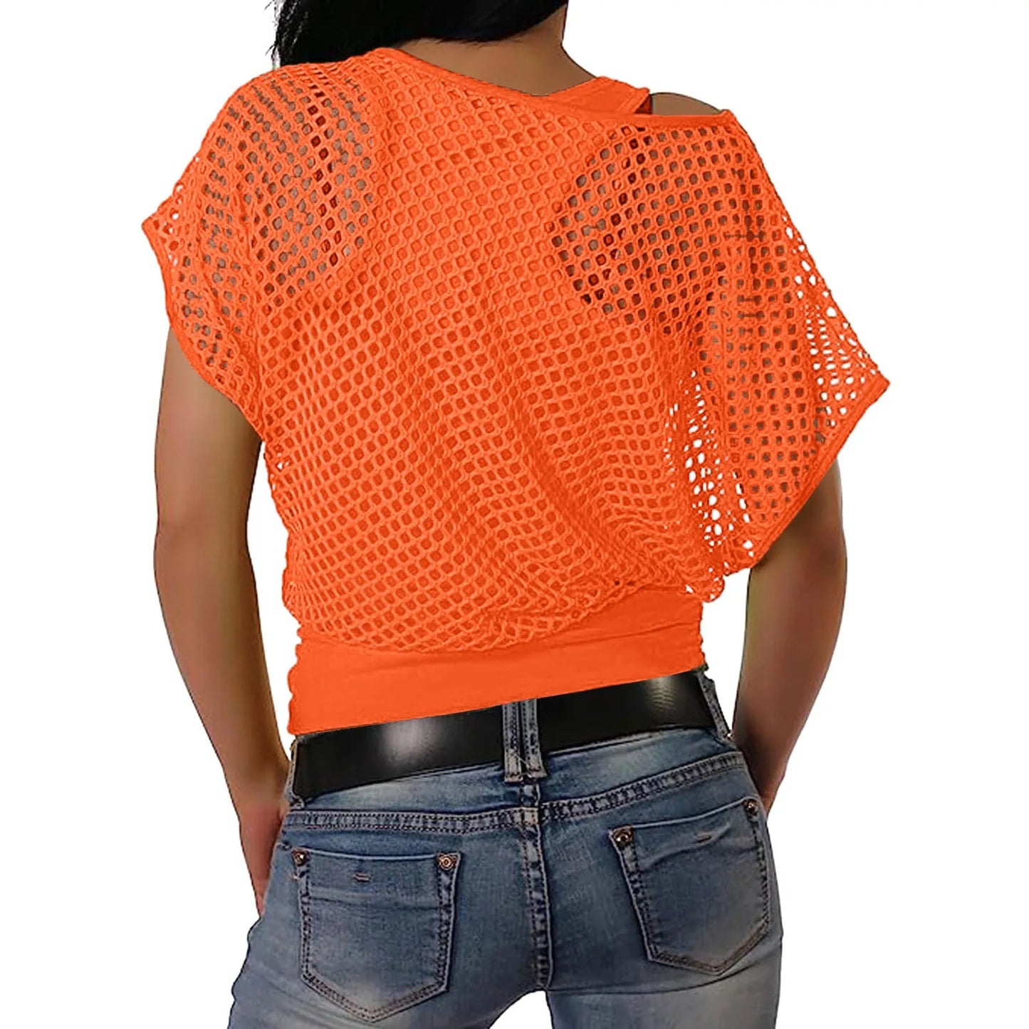 Vrouwen T-shirt Off-Shoulder Mesh Oranje Zomer
