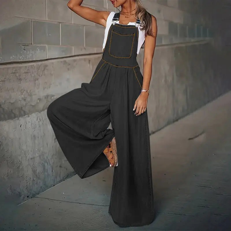 Jumpsuit met Wijde Pijpen van Denim Stof Comfortabele Pasvorm - StudioMarella