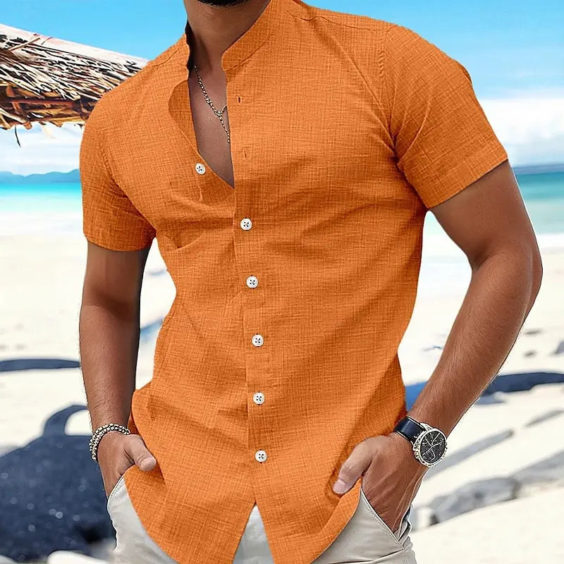 Heren Linnen Shirt Kort Mouwen Oranje - StudioMarella