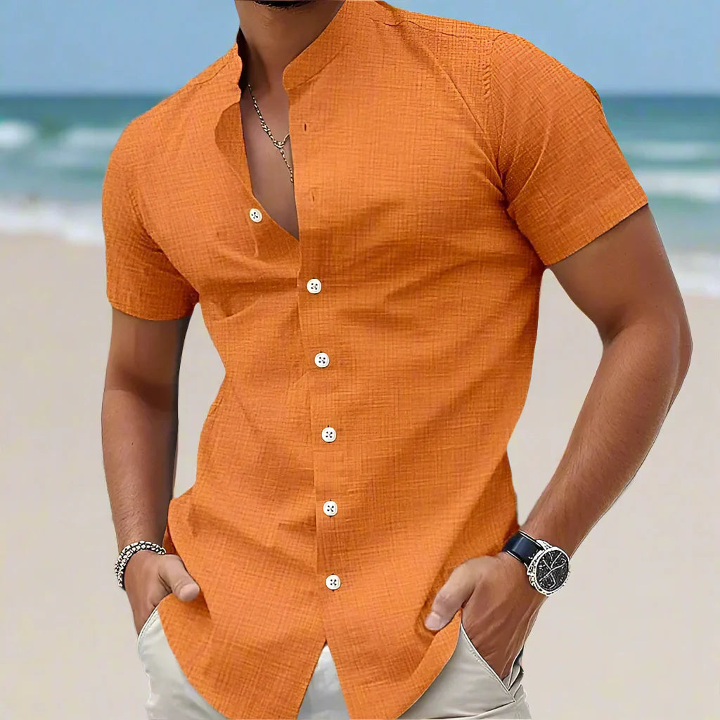 Heren Linnen Shirt Kort Mouwen Oranje