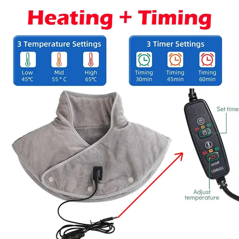 Verwarmde Nek- en Schoudermassager met Vibratie USB Warmtekussen Draagbaar Ergonomisch Plüche 3 Temperatuurstanden Timer Grijs voor Thuis Kantoor
