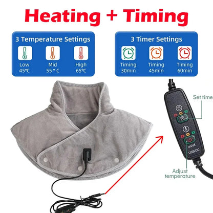 Verwarmde Nek- en Schoudermassager met Vibratie USB Warmtekussen Draagbaar Ergonomisch Plüche 3 Temperatuurstanden Timer Grijs voor Thuis Kantoor