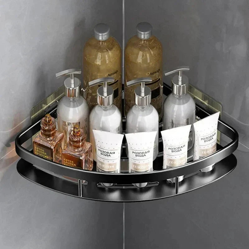 Aluminium Hoekplank voor Douche en Badkamer zonder Boren met Sterke Kleefpad Zwart Zilver