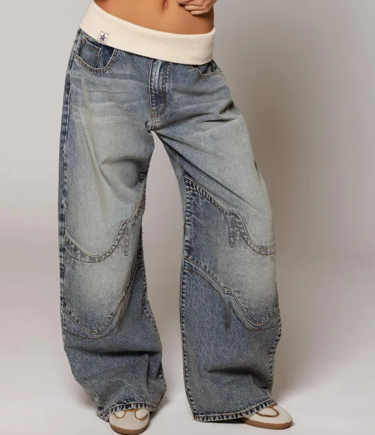 Baggy Jeans voor Vrouw met Elasticiteit en Hoge Taille