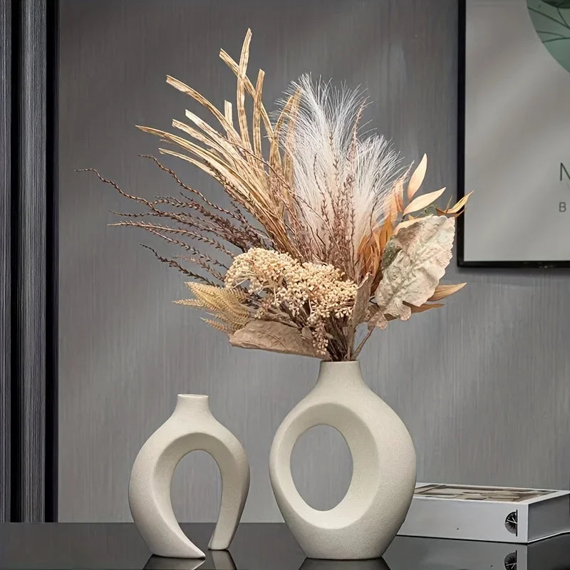 Keramische Vaas Set 2 Stuks Wit Boho Modern Woonkamer Decoratie Droogbloemen Minimalistisch Interieur