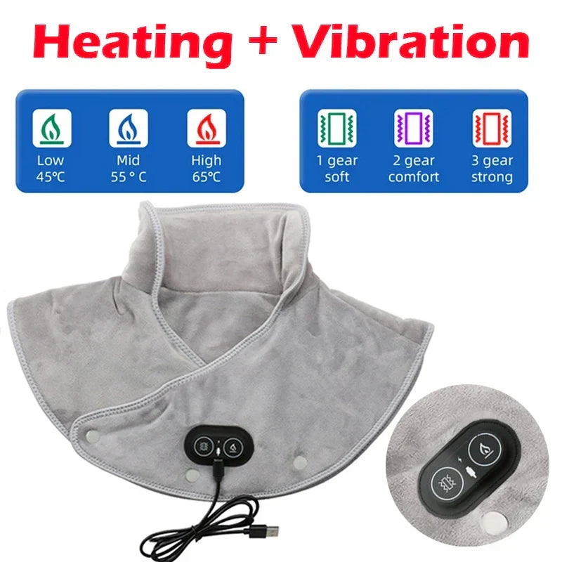 Verwarmde Nek- en Schoudermassager met Vibratie USB Warmtekussen Draagbaar Ergonomisch Plüche 3 Temperatuurstanden Timer Grijs voor Thuis Kantoor
