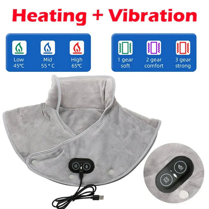 Verwarmde Nek- en Schoudermassager met Vibratie USB Warmtekussen Draagbaar Ergonomisch Plüche 3 Temperatuurstanden Timer Grijs voor Thuis Kantoor