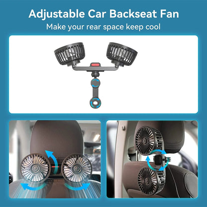 Draagbare Autoventilator met Dubbele Kop 360° Verstelbaar USB Oplaadbaar 3 Snelheden Hoofdsteun Nekkoeler voor Auto Huis Camper