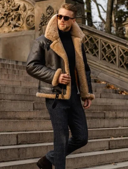 Leren Aviator Jas Gevoerd met Sherpa Voor Heren Winter
