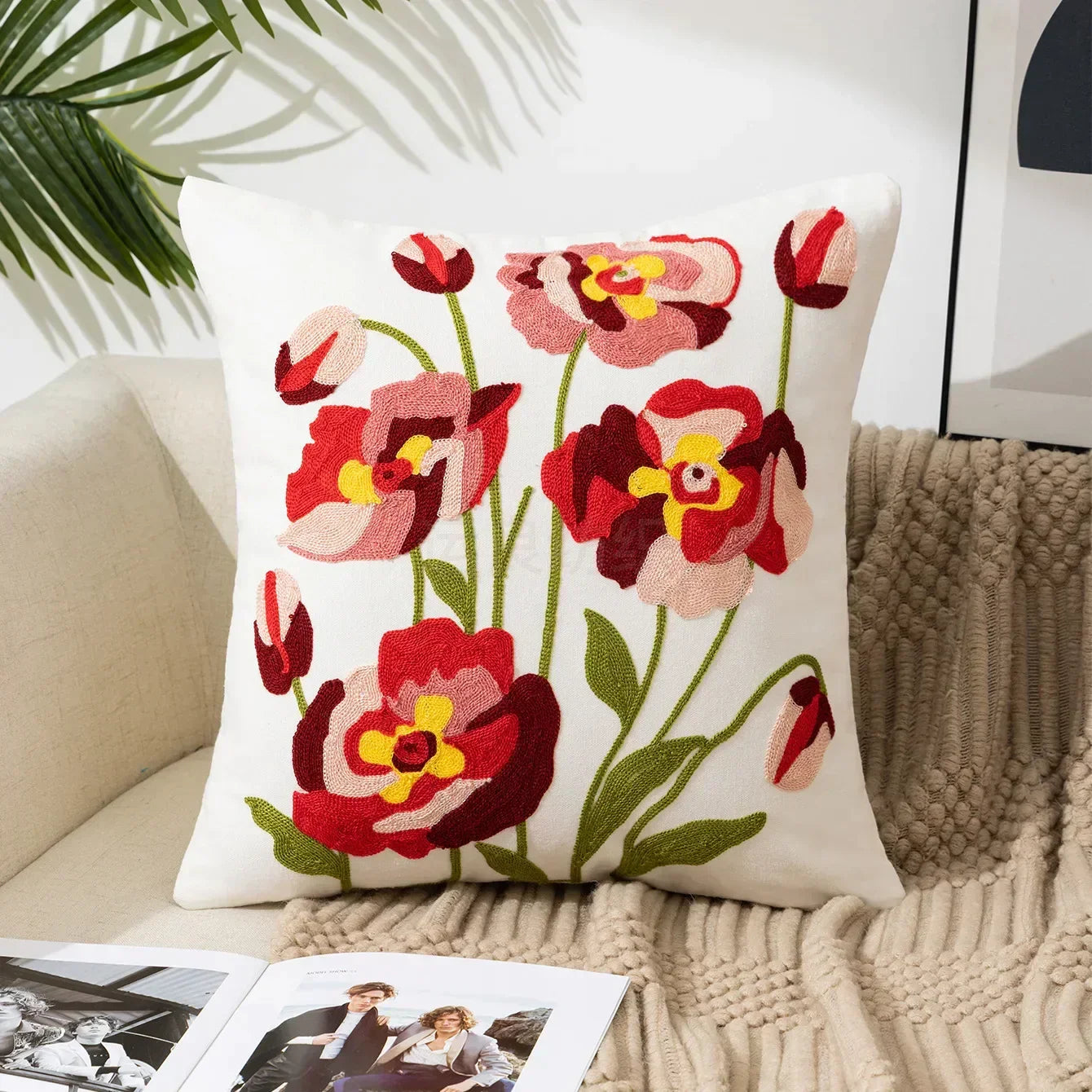 Kussenhoes 45x45cm Katoen Canvas Geborduurd Bloemen Wit Sierkussenhoes Bank Slaapkamer Landelijke Stijl Decoratief