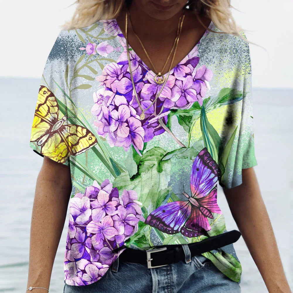 Vrouwelijk Bloemen Shirt met Kleurrijke Vlinder Print
