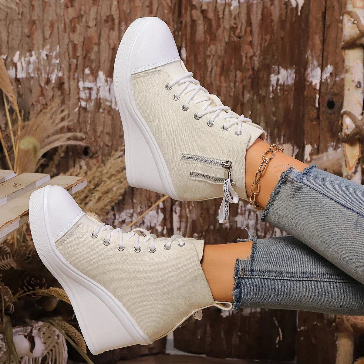 Wedge Sneaker Elegante Hak met Ritssluiting Zwart