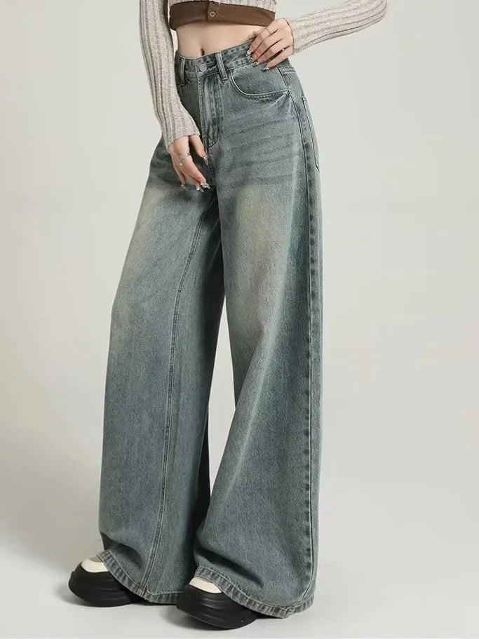 Dames Wide Leg Jeans Grijze High Waist Stoere Spijkerbroek
