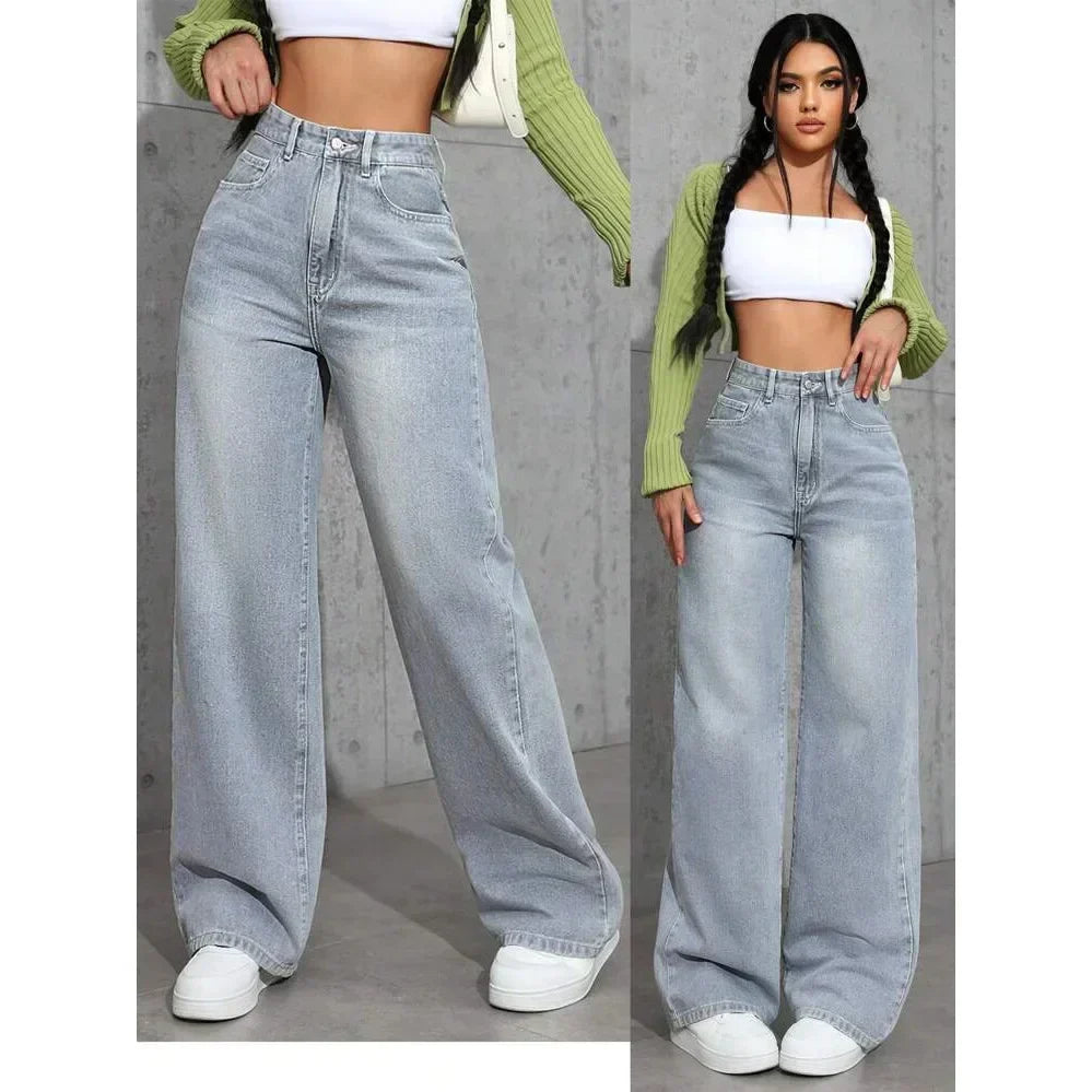 Dames High Waist Wide Leg Jeans Grote Pasvorm Gewassen Look