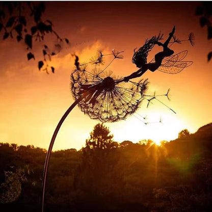 Metalen Tuinsteker Fee met Paardenbloem 75cm Decoratie voor Tuin Gazon Bloembak Magisch Sprookjesbeeld Windbestendig Fantasiebeeld Fantasieliefhebbers Romantische Tuininrichting Dromerig Accent