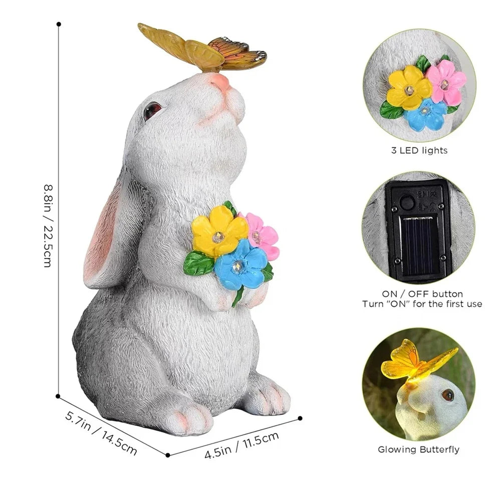 Zonne-energie Konijn Tuinbeeldje Hars 22,5cm LED Vlinder Solarlamp Tuin Terras Gazon Buitendecoratie Pasen Cadeau