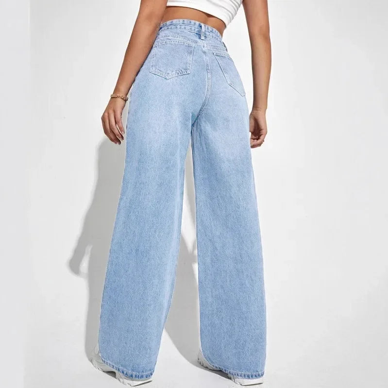 Dames Wide Leg Jeans Hoge Taille Rechte Spijkerbroek