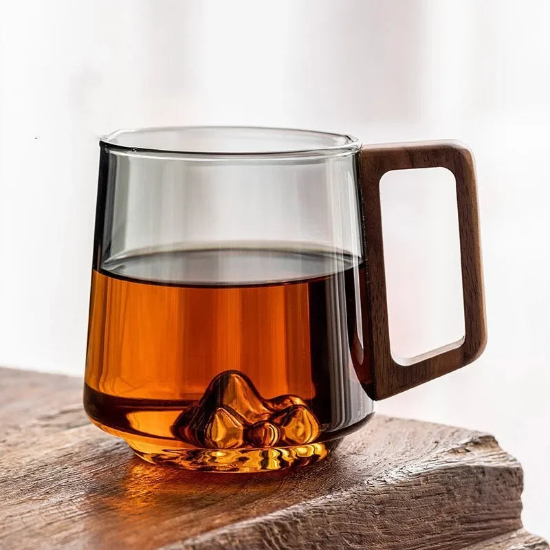Glazen Bergpiek Beker met Dubbele Wand 300ml – Hittebestendig Borosilicaatglas met Houten Handgreep voor Koffie en Thee